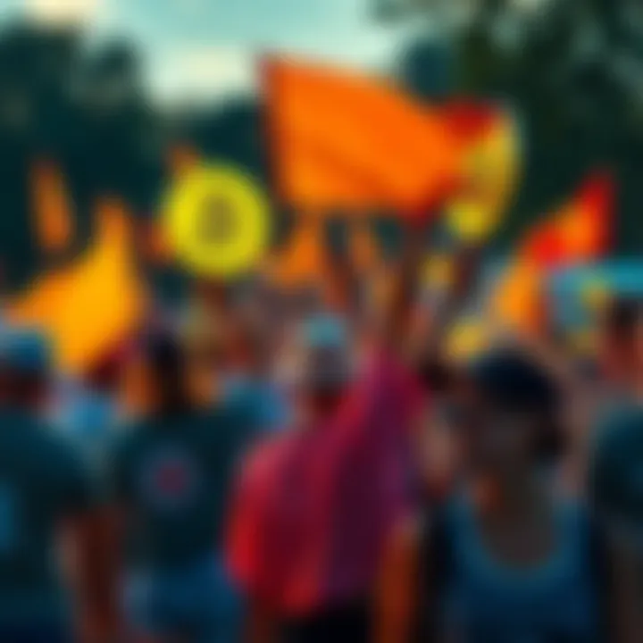 A group of people celebrating outdoors with Bitcoin flags and signs as summer approaches, showcasing their enthusiasm for cryptocurrency.