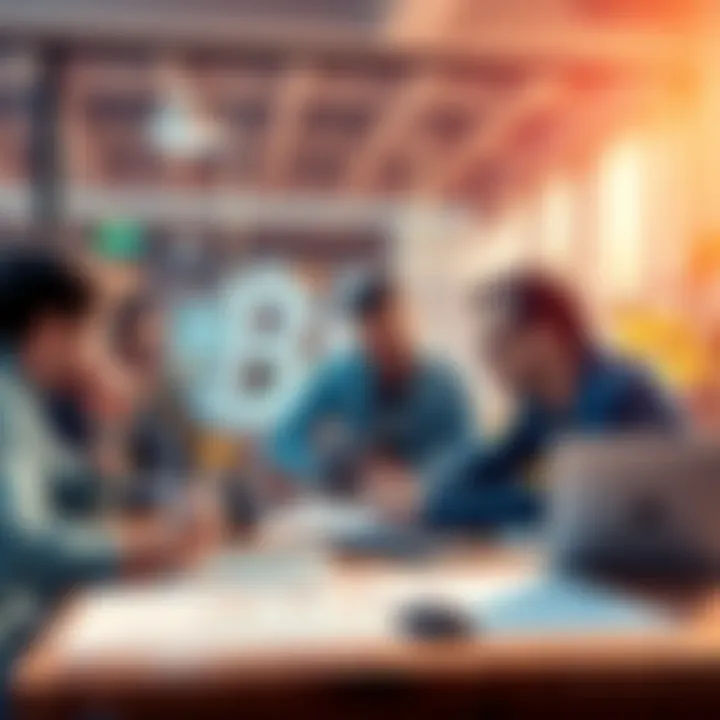 A group of Bitcoin enthusiasts sharing ideas and trends in a casual setting with laptops and charts on the table.