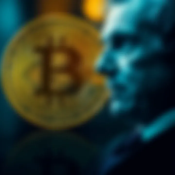 A representation of Bitcoin's logo alongside an image of Jeffrey Epstein, hinting at conspiracy theories about his involvement in cryptocurrency creation.