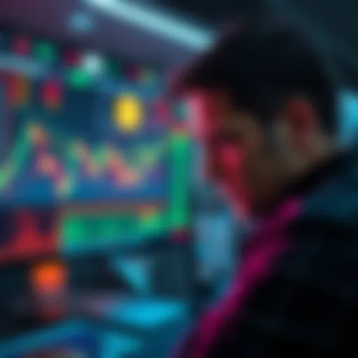 A trader looking worriedly at a computer screen displaying Bitcoin price charts, with a 'purchase blocked' message visible