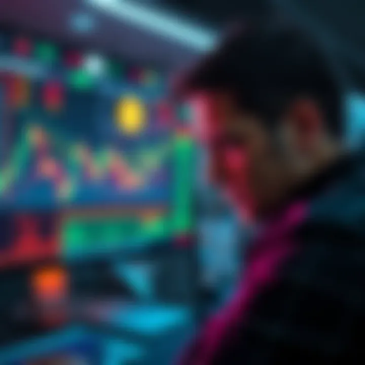 A trader looking worriedly at a computer screen displaying Bitcoin price charts, with a 'purchase blocked' message visible