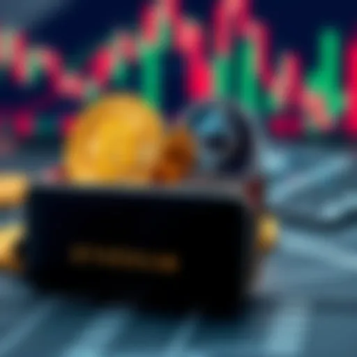 A representation of a wallet with Bitcoin and Ethereum icons, showing a graph with a downward trend, symbolizing shorting before a major announcement.