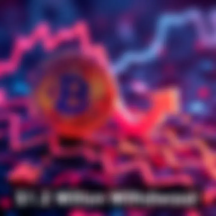 A digital representation of Bitcoin and Ethereum logos with arrows indicating withdrawal and declining values, symbolizing recent fund withdrawals amid global tensions.