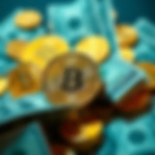 A visual of Bitcoin coins being traded for dollar bills, illustrating the shift from cryptocurrency to fiat currency.