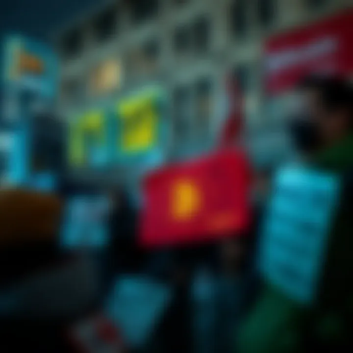 Bitcoin Exchange Protests Traders protesting against an Austrian Bitcoin exchange with signs promoting a boycott due to trading restrictions.