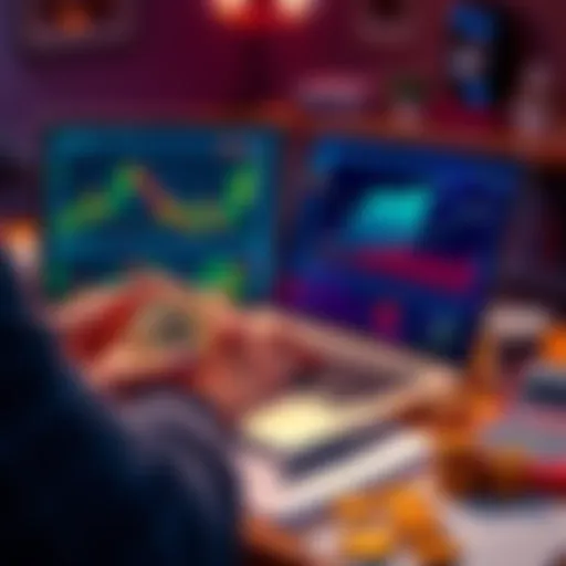 A person analyzing Bitcoin charts and graphs on a laptop, strategizing their investment exit plan, with coins and a calculator nearby.