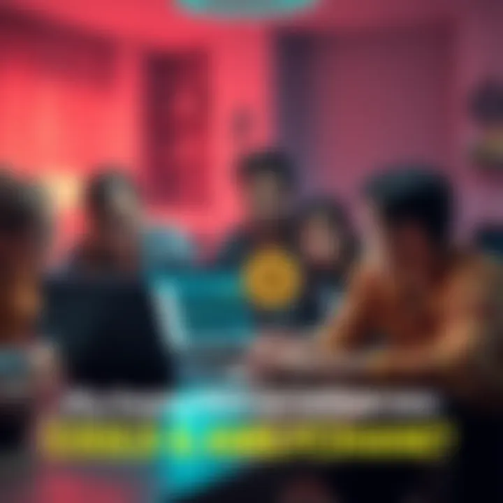 A family gathered around a table with a laptop showing Bitcoin values, looking concerned about inheritance details