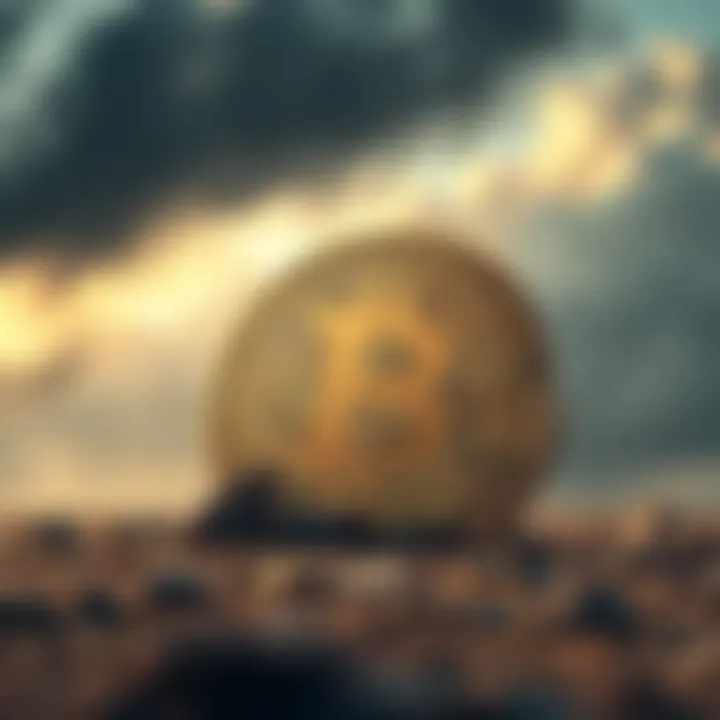 A broken Bitcoin symbol on the ground, symbolizing the decline of Bitcoin, surrounded by gray clouds and fading light.