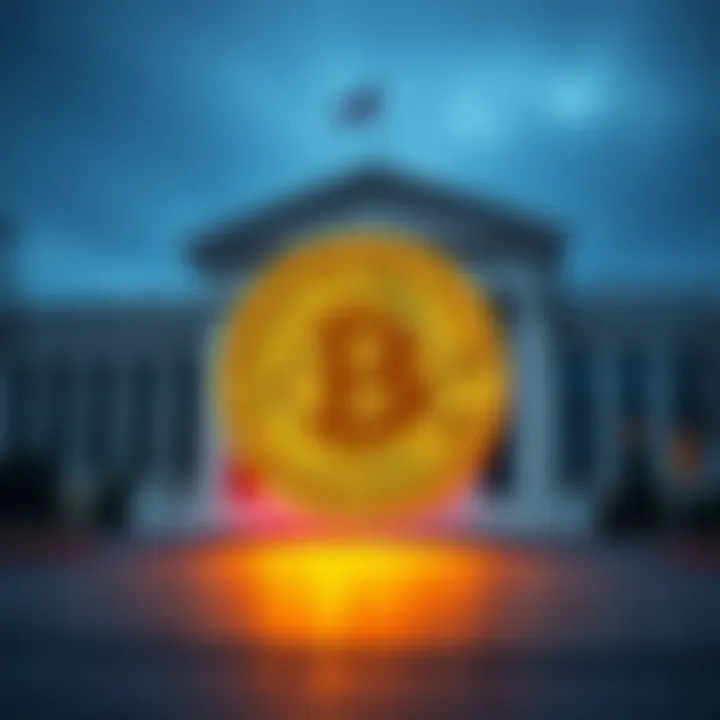 A graphic showing Bitcoin symbol with Federal Reserve building in the background, indicating their relationship.