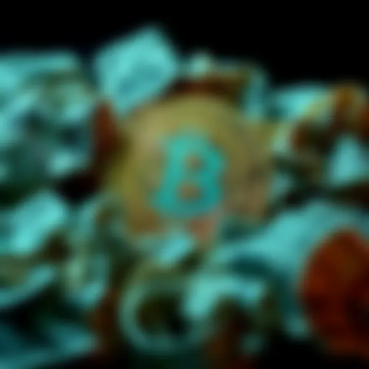 A Bitcoin symbol surrounded by crumpled dollar bills, illustrating the contrast between cryptocurrency and the traditional finance system.