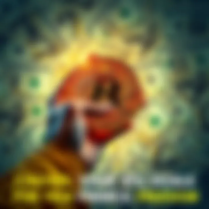 A person holding a Bitcoin symbol with a background of dollar bills, symbolizing the transition from fiat to cryptocurrency