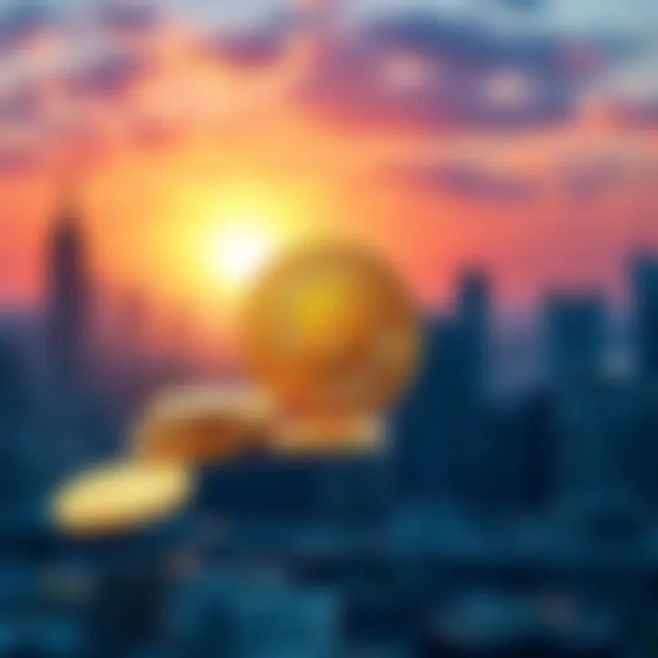 A graphic showing Bitcoin coins with a background of a city skyline symbolizing financial freedom and living costs.