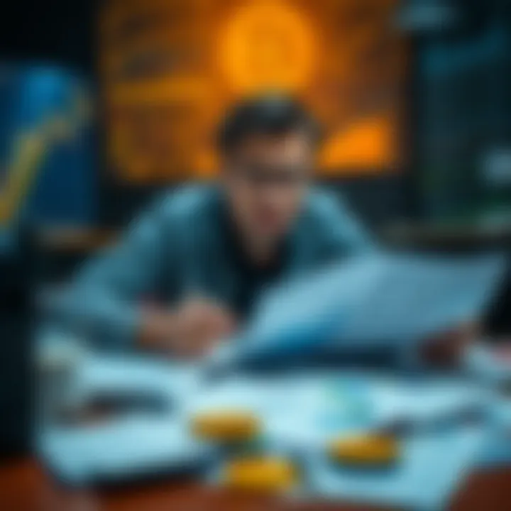 A person looking concerned while analyzing Bitcoin graphs and complex financial documents on a table.