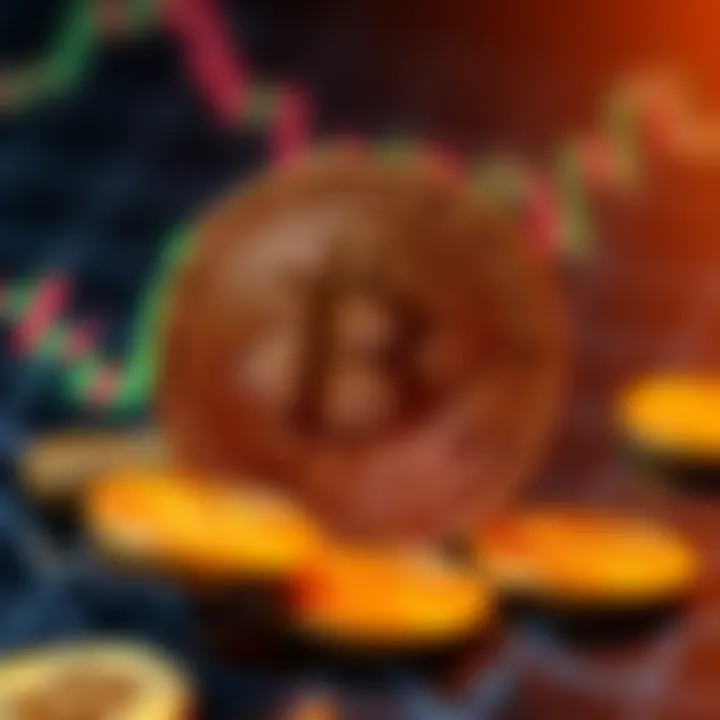 A graphic showing Bitcoin with financial symbols like charts and dollar signs, representing cryptocurrency investment.
