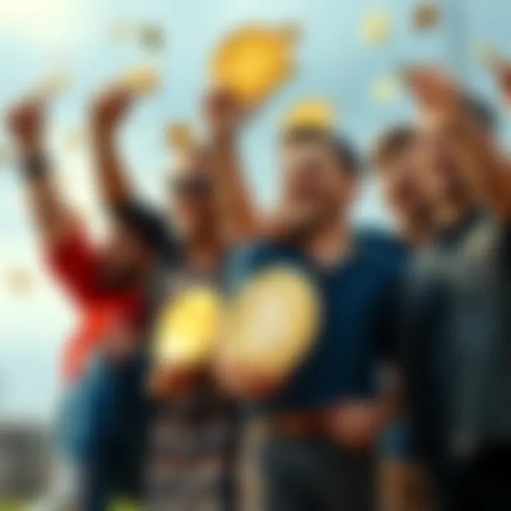 A group of individuals celebrating financial independence with Bitcoin, holding coins and looking happy.