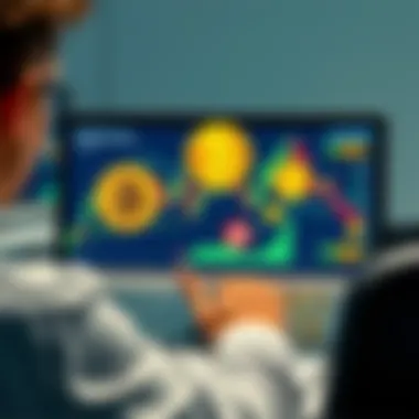 Bitcoin for Beginners A person looking at a computer screen with Bitcoin symbols and stock charts, representing simple buying options for Bitcoin.