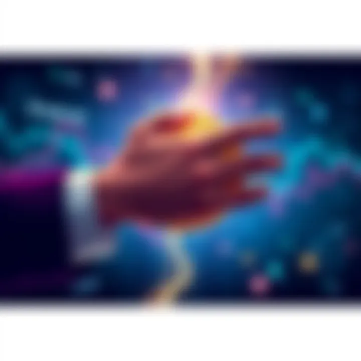 Illustration of a Bitcoin fork with a corporate hand reaching towards it, representing corporate influence and personal control over cryptocurrency.