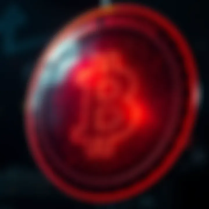 A warning sign featuring a Bitcoin symbol with red alert visuals, highlighting concerns about scams in cryptocurrency.