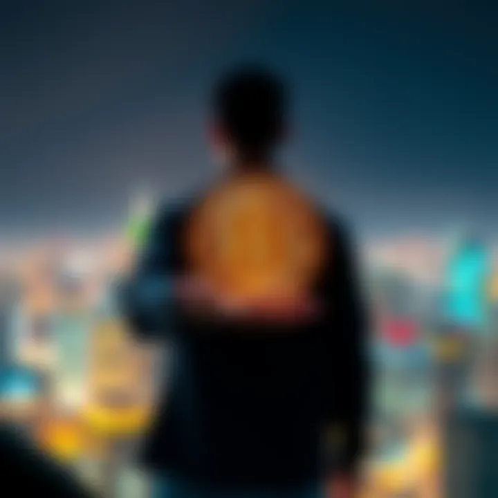 A person holding a Bitcoin symbol while standing against a backdrop of a city skyline, representing financial independence and empowerment.