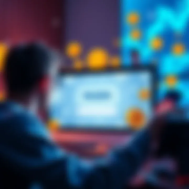 Bitcoin and frozen bank account A person looking frustrated at a computer screen with a frozen bank account message, surrounded by Bitcoin symbols and bills