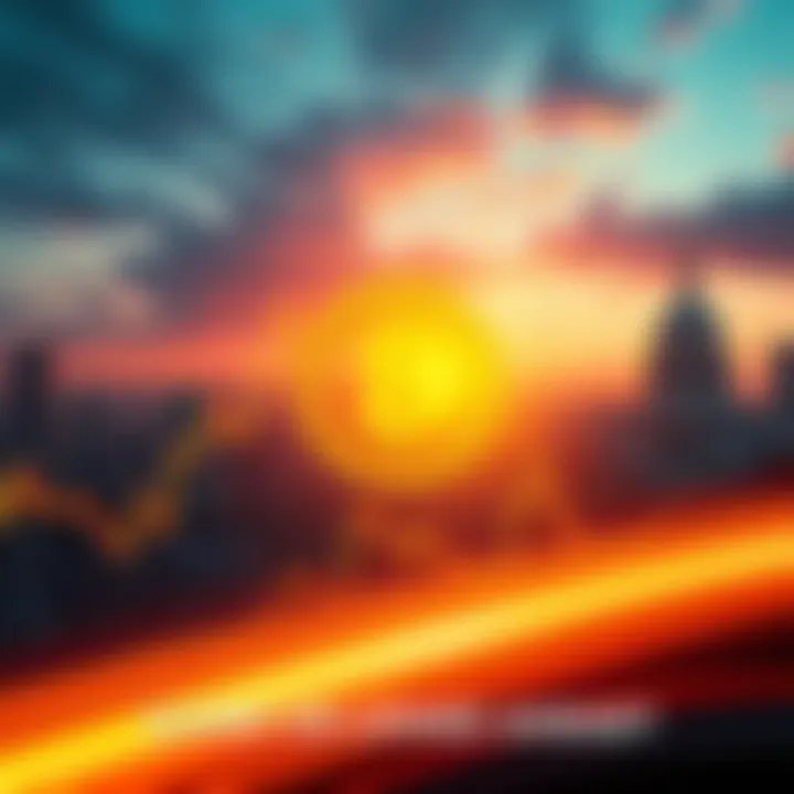 A digital representation of Bitcoin with fluctuating lines indicating price changes, set against a backdrop of city skyline and government buildings.