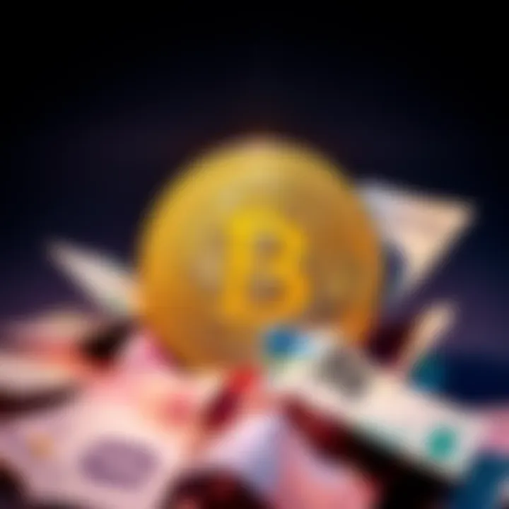 A shiny Bitcoin symbol surrounded by various currency notes, representing the future of finance.