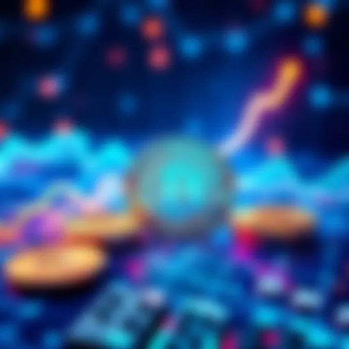 Bitcoin Future Illustration A digital representation of Bitcoin coins surrounded by a graph showing upward trends, symbolizing growth in transactions and fees after mining ends.