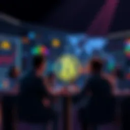 People discussing Bitcoin's future in 2040 with charts and graphs around them.