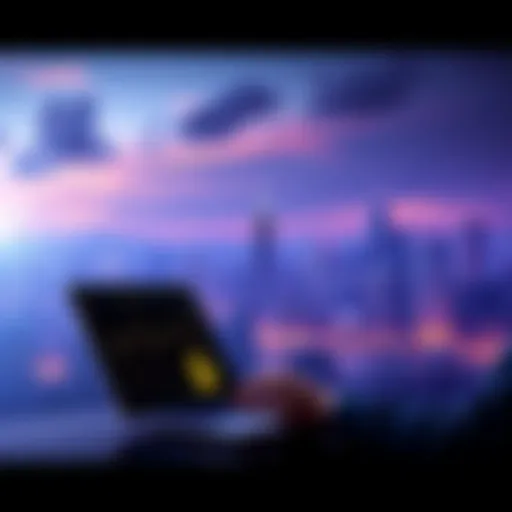 A person using a laptop to buy Bitcoin on a crypto exchange, with Georgia's skyline in the background