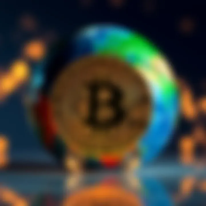 A Bitcoin symbol in front of a globe, representing its global financial influence and accessibility.