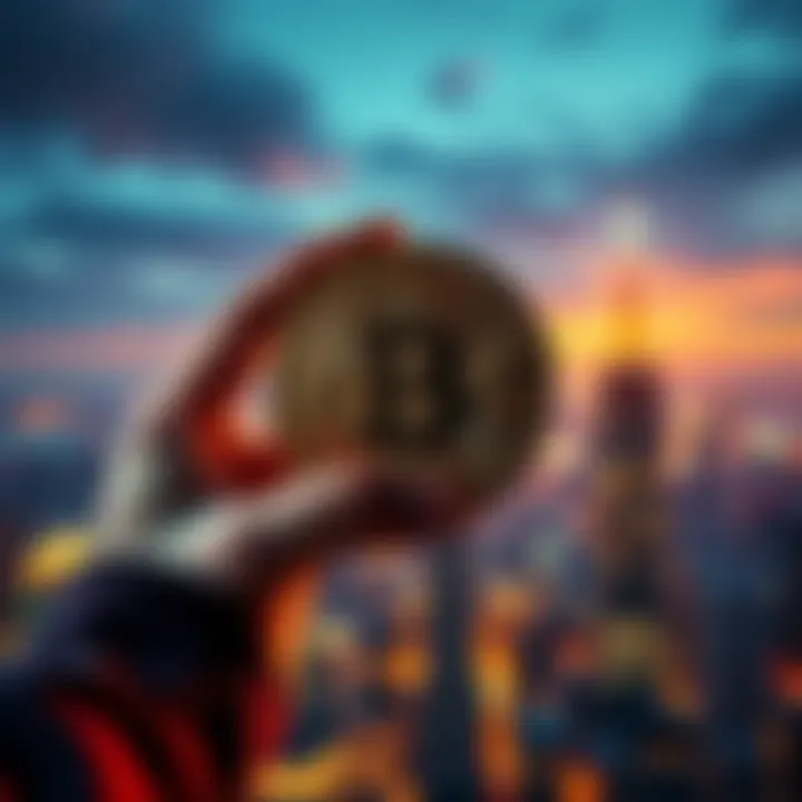 A person holding a Bitcoin symbol while standing in front of a city skyline, symbolizing the future of digital currency.