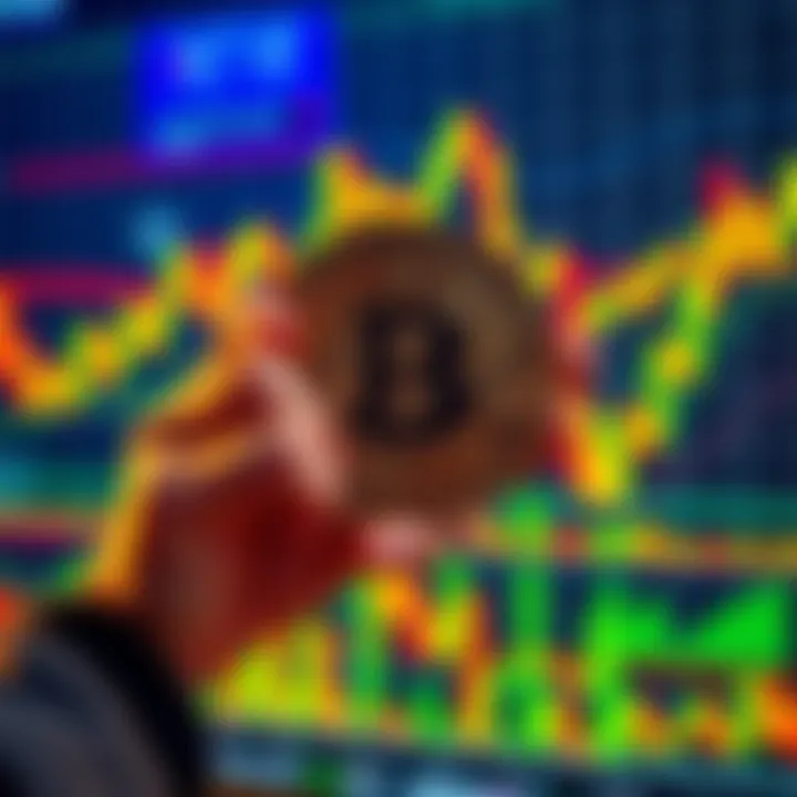 A person proudly holding a Bitcoin symbol with a background showing financial charts and graphs