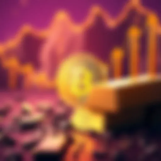 A Bitcoin symbol next to rising gold bars, representing falling Bitcoin values amid increasing gold prices.