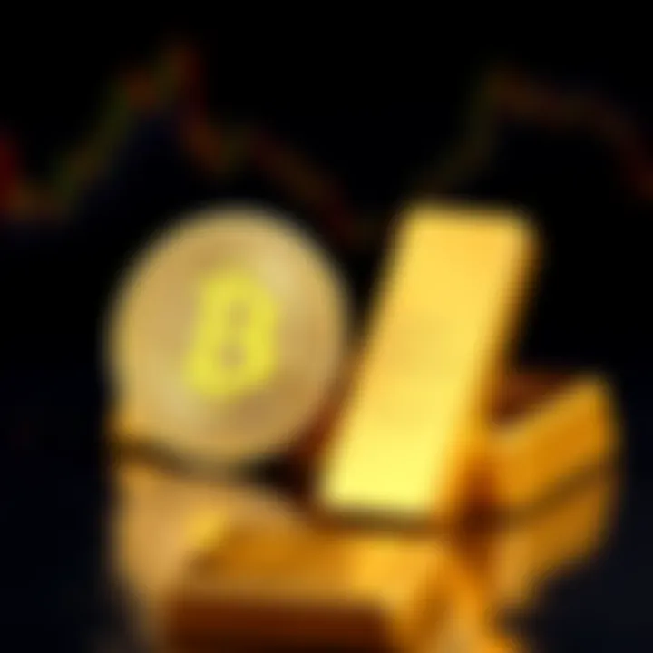 A visual representation showing gold bars next to a bitcoin symbol, illustrating the debate between bitcoin and gold investments.