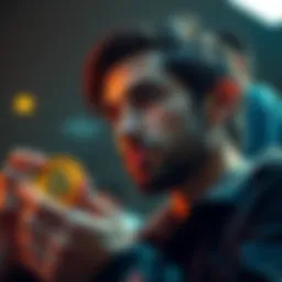 A thoughtful person looks at Bitcoin and gold coins, symbolizing a financial decision between cryptocurrencies and traditional assets.