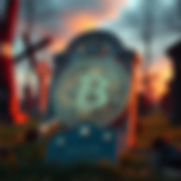 A Bitcoin symbol resting against a grave marker, symbolizing the end of Bitcoin's prominence in the cryptocurrency market.