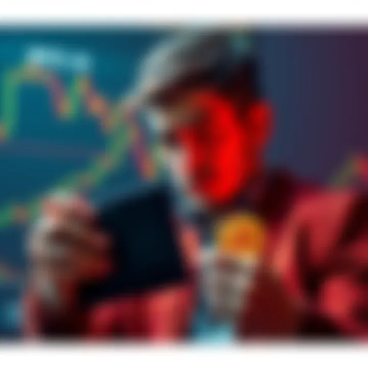 A person looks anxiously at a Bitcoin chart showing fluctuating prices while holding their wallet, torn between selling and holding on for more profit.