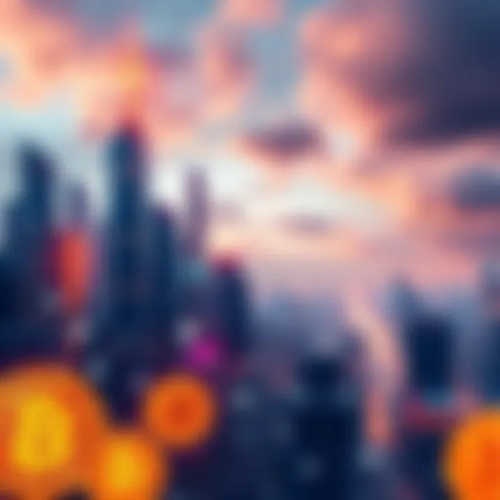 A futuristic city skyline with digital currency symbols in the foreground, representing the potential growth of Bitcoin value by 2035.