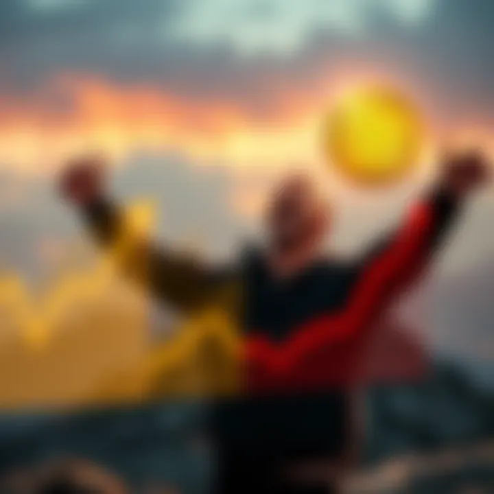 An investor celebrating their success with Bitcoin, showing a graph indicating rising BTC value and a portfolio growth chart.