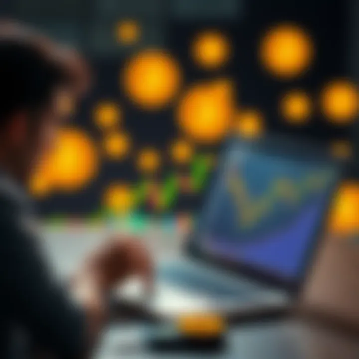 A person analyzing Bitcoin charts on a laptop while planning investments over 30 weeks, with Bitcoin symbols in the background.