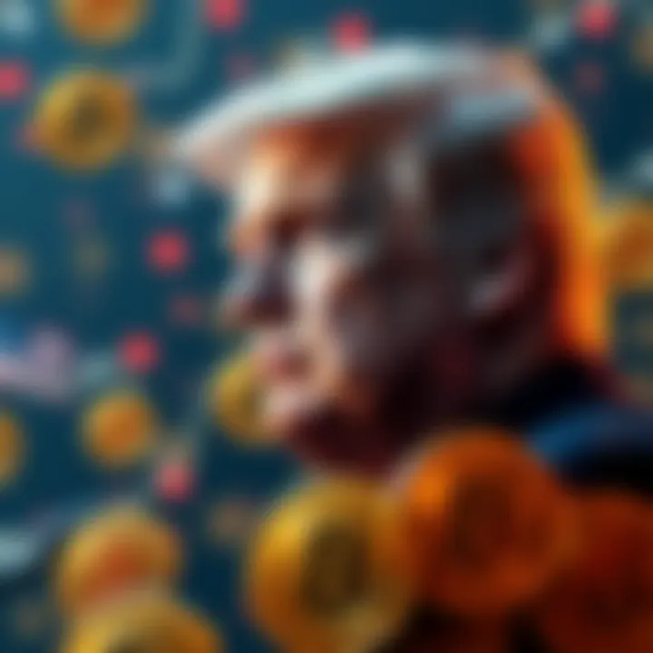 A visualization of Bitcoin symbols with an image of President Donald Trump in the background, representing the rise of cryptocurrency during his leadership.