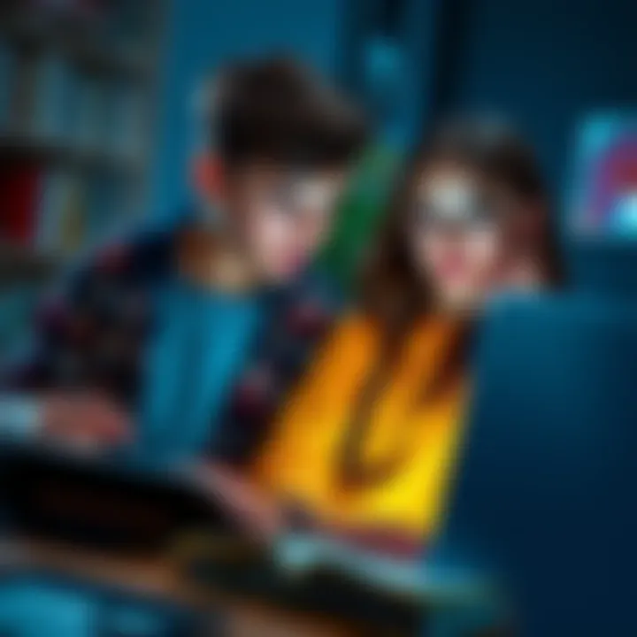 A teenage boy and girl looking at a laptop screen with Bitcoin symbols, exploring cryptocurrency resources like books and videos.
