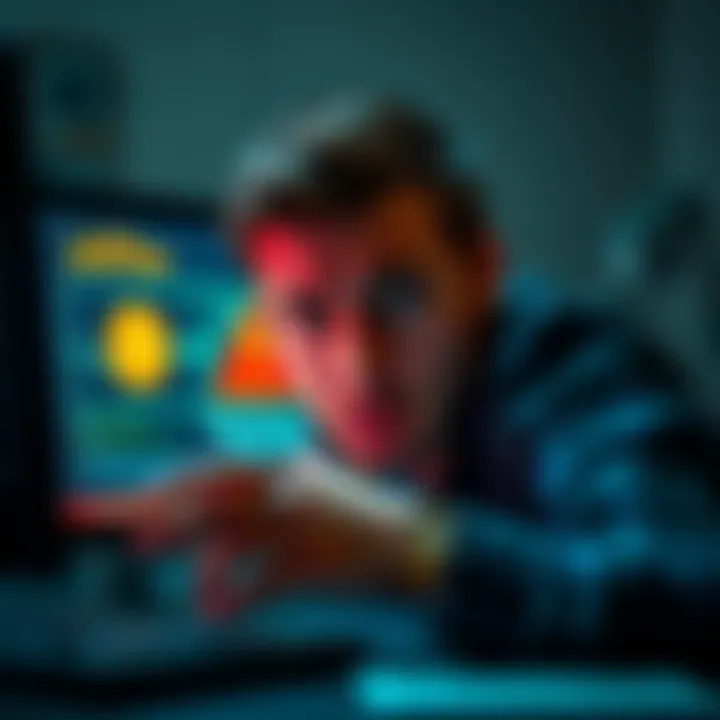A distressed person looking at their computer screen with a worried expression, showing a cryptocurrency wallet interface and warning signs about a possible hack.