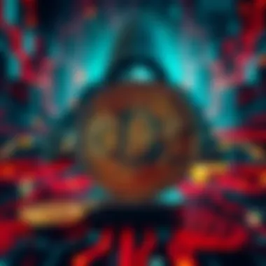 A representation of Bitcoin facing cyber threats with a digital lock and hacker silhouette in the background