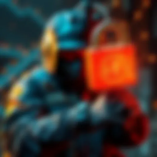 A visual representation of Bitcoin halving cycles and their effect on network security, showing a miner with diminishing rewards and a digital lock symbolizing potential security threats.