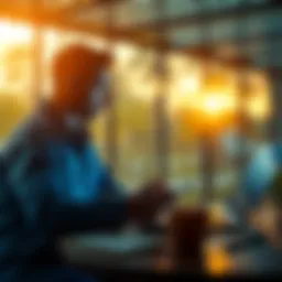 A person reviewing Bitcoin market trends on a laptop in the morning sun with a cup of coffee