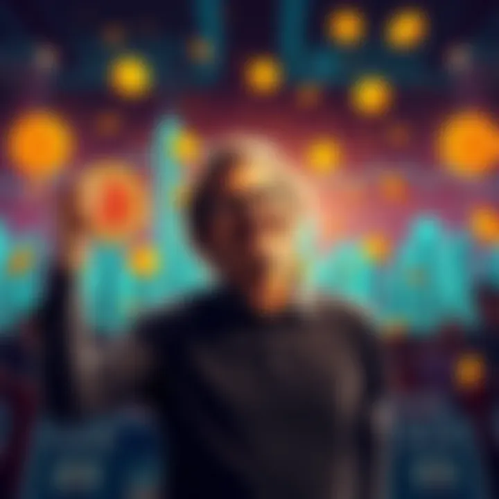 A person celebrating their success of holding 2.1 BTC, surrounded by Bitcoin symbols and online community icons.