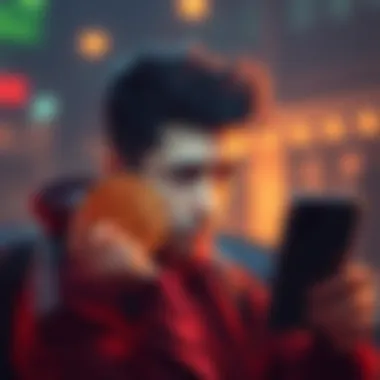 A small Bitcoin holder looking worried while checking prices on a smartphone, reflecting disappointment over market dip.