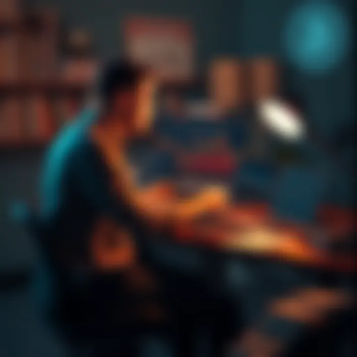 Bitcoin Holder Reflecting on Journey A person sitting at a desk with a laptop, looking thoughtfully at a chart showing Bitcoin trends, surrounded by cryptocurrency books and notes.