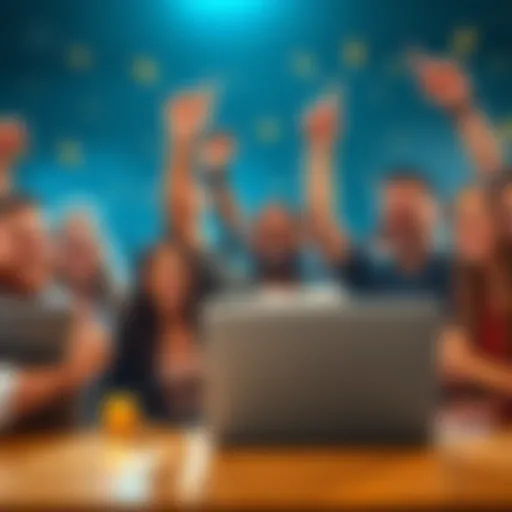 A group of diverse people happily celebrating their bitcoin investments with laptops and charts showing market trends